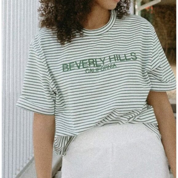 Ellandemm Tops - Ellandemm Beverly Hills White Green Striped Short Sleeve Tee Top Embroidered NWT